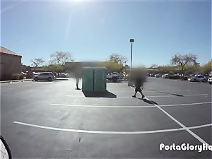 Porta Gloryhole plus-size gulps jism in gym parking pile